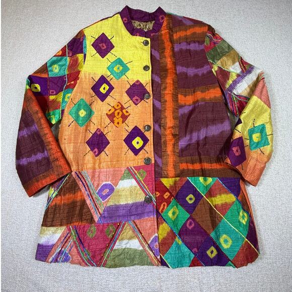 Sandy Starkman Jackets & Blazers - Sandy Starkman Women M Multicolor Silk Long Sleeve Boho Lagenlook Artsy Jacket